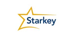 AudiologyHQ Logo of starkey featuring a yellow star and the company name in blue font.