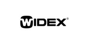 AudiologyHQ Black and white widex logo with a stylized 'w' above the text.